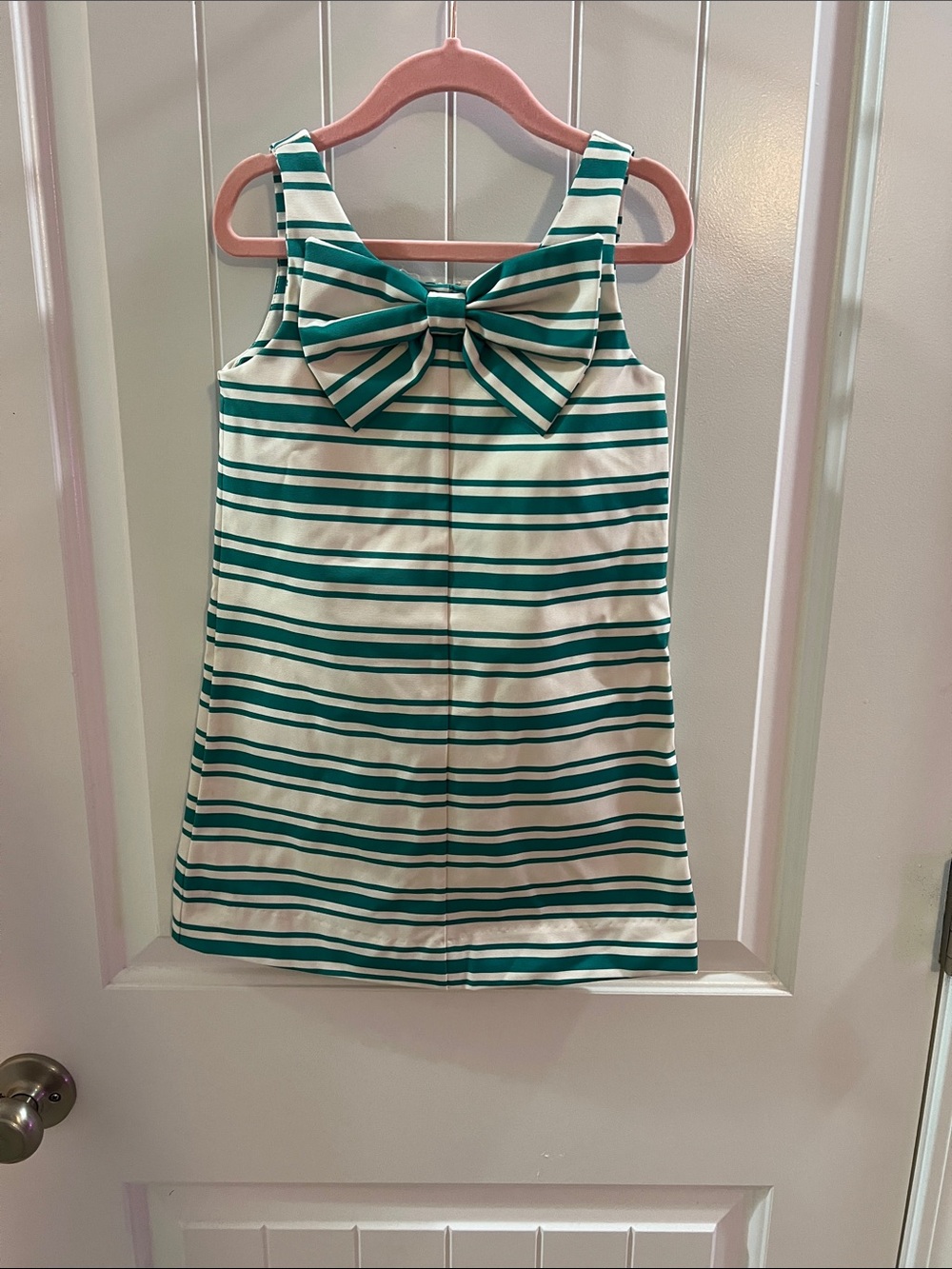 GB girls Green and White Striped Tank Dress with Front Bow